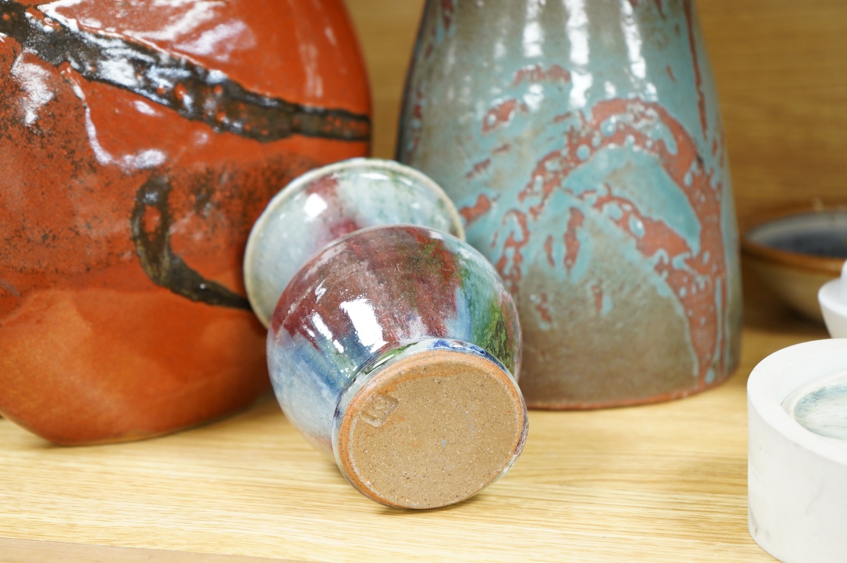 A collection of studio pottery to include crystalline glazed works by Stephen R Jones Des, Brighton, vases and a pair of dishes, largest 22cm high